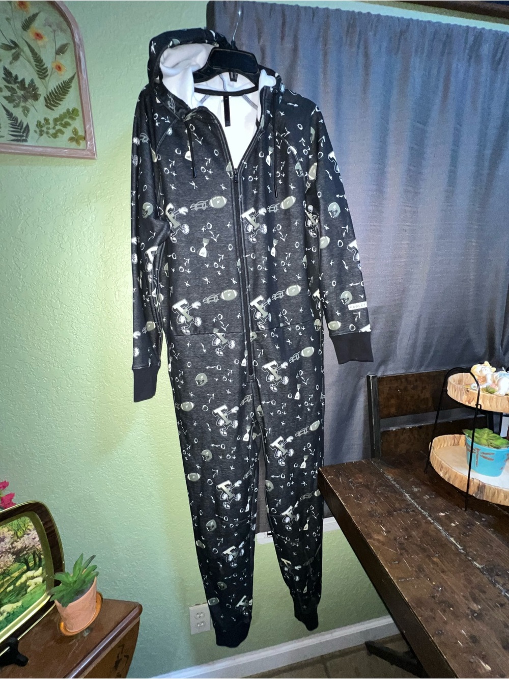 Fabletics Go To Hooded Pajama Onesie Football Green Black